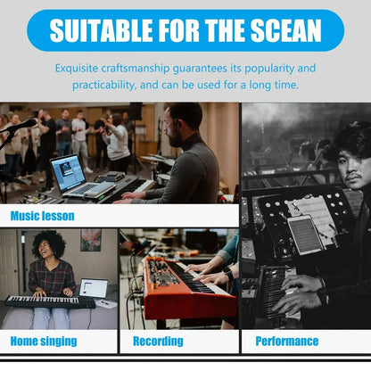 Collage of musicians using a 360° midi male to male 5 pin transmission extension cord for piano keyboard effector and sound card transmission
