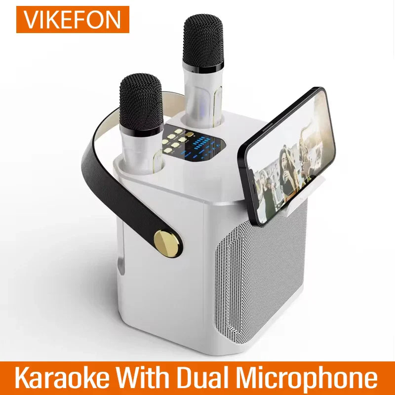 White vikefon stereo surround karaoke machine with dual silver microphones and phone mount boombox portable waterproof wireless subwoofer