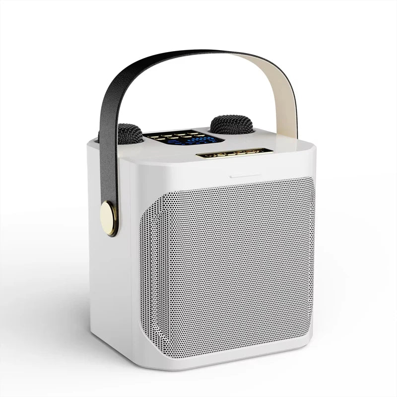 White portable boombox portable waterproof speaker with black handle mesh grille for stereo surround karaoke and wireless subwoofer