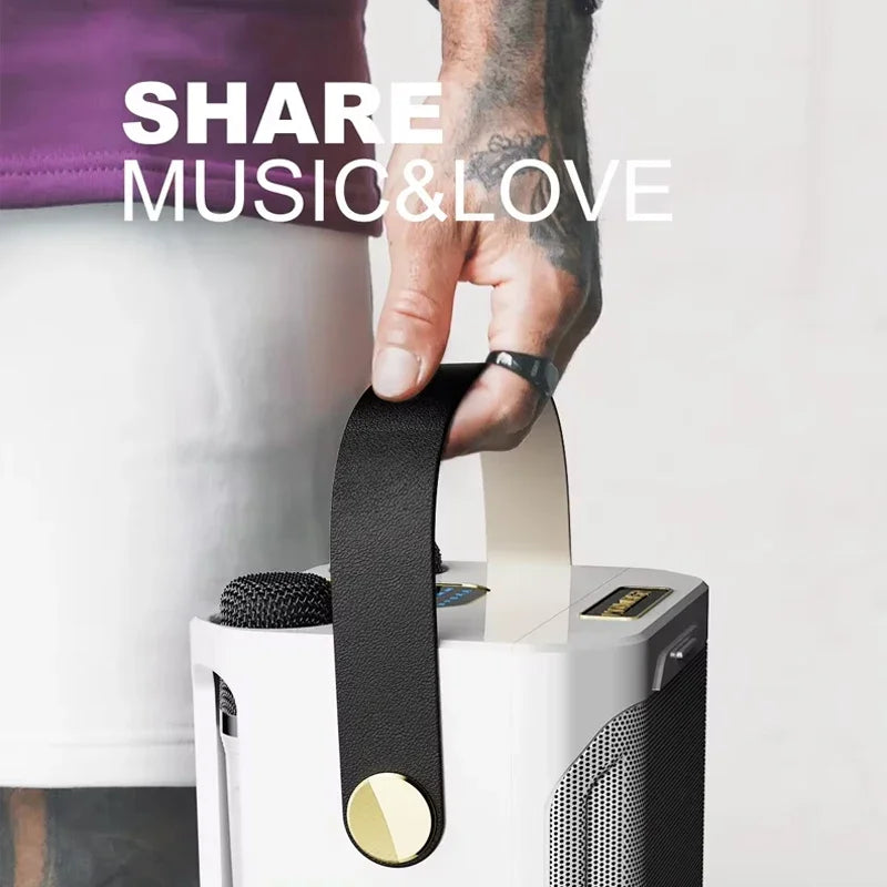 White portable stereo surround karaoke speaker with black leather strap and gold-tone accent boombox portable waterproof subwoofer