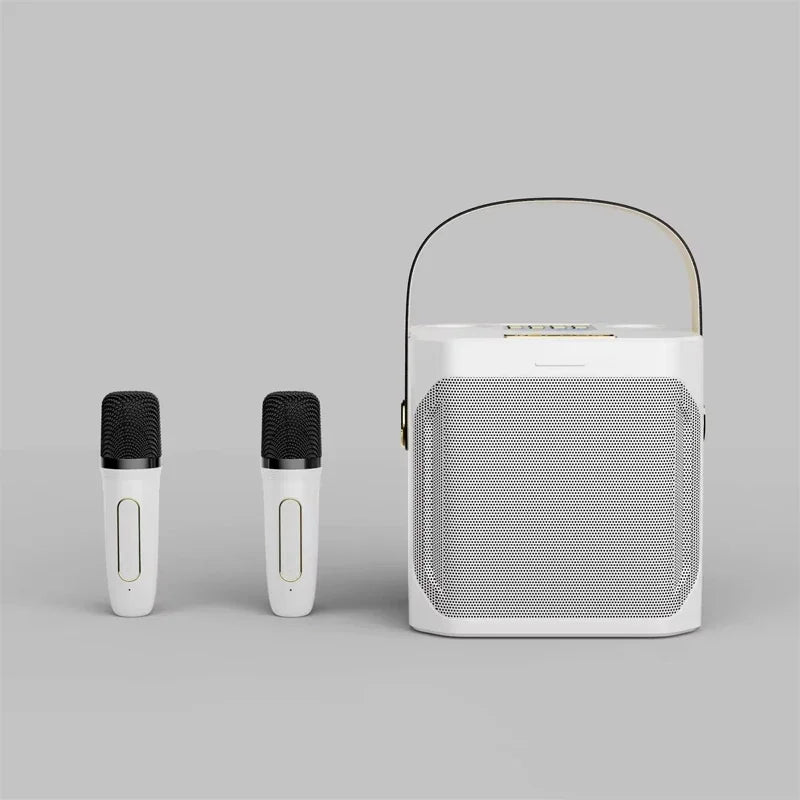 White portable stereo surround karaoke speaker with black handle and silver mesh grille boombox portable waterproof subwoofer