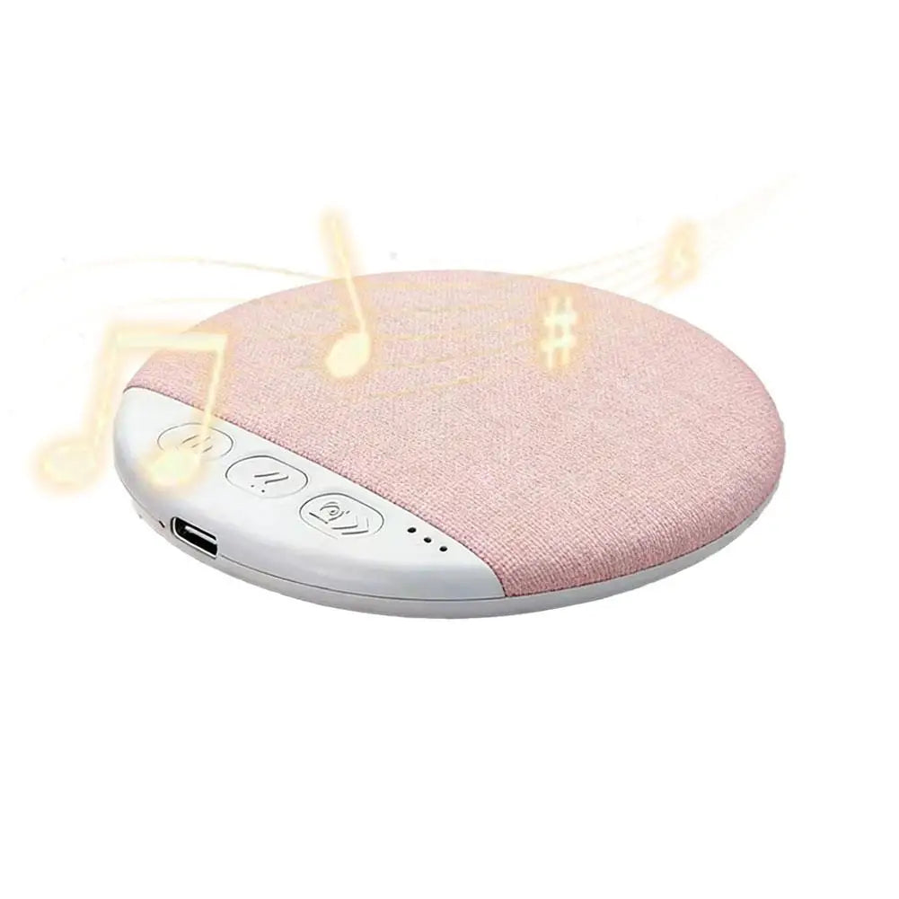 Pink and white portable pillow speaker with textured fabric cover featuring surround sound bluetooth and white noise timer