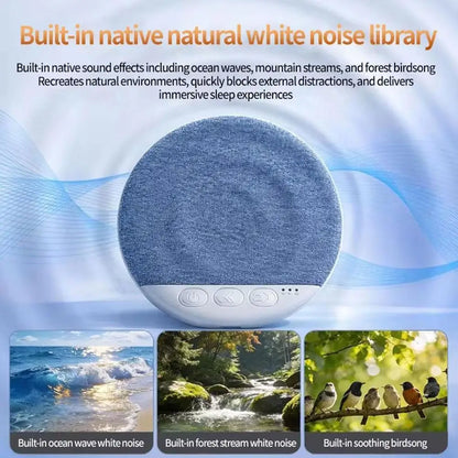 Blue textured circular pillow speaker with white base and control buttons featuring surround sound bluetooth and white noise timer