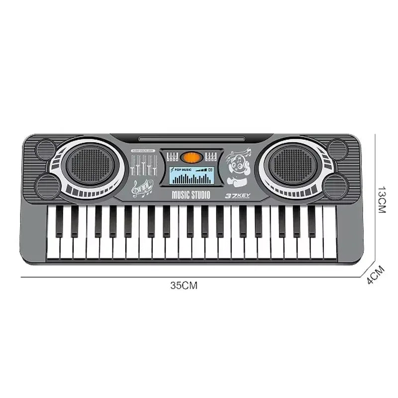 Gray plastic digital piano keyboard with 37 keys, built-in speakers, and screen for learning instrument educational gift