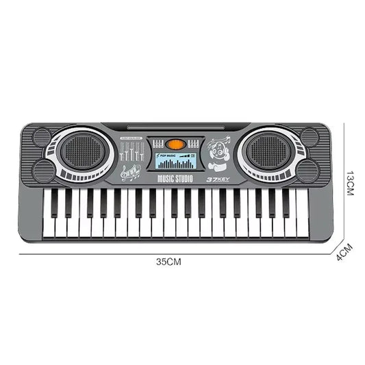 Gray plastic digital piano keyboard with 37 keys, built-in speakers, and screen for learning instrument educational gift