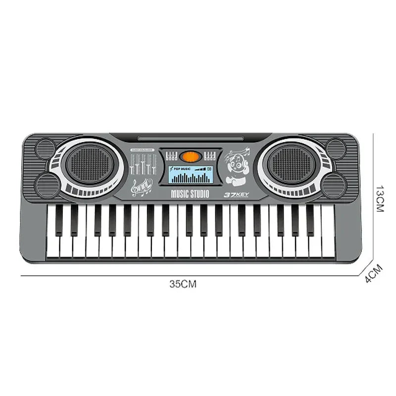 Gray plastic 37-key digital piano keyboard with built-in speakers and screen for learning instrument educational gift