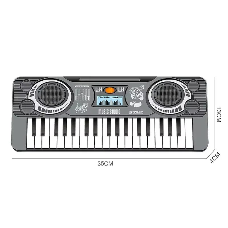 Gray plastic 37-key digital piano keyboard with built-in speakers and screen for learning instrument educational gift