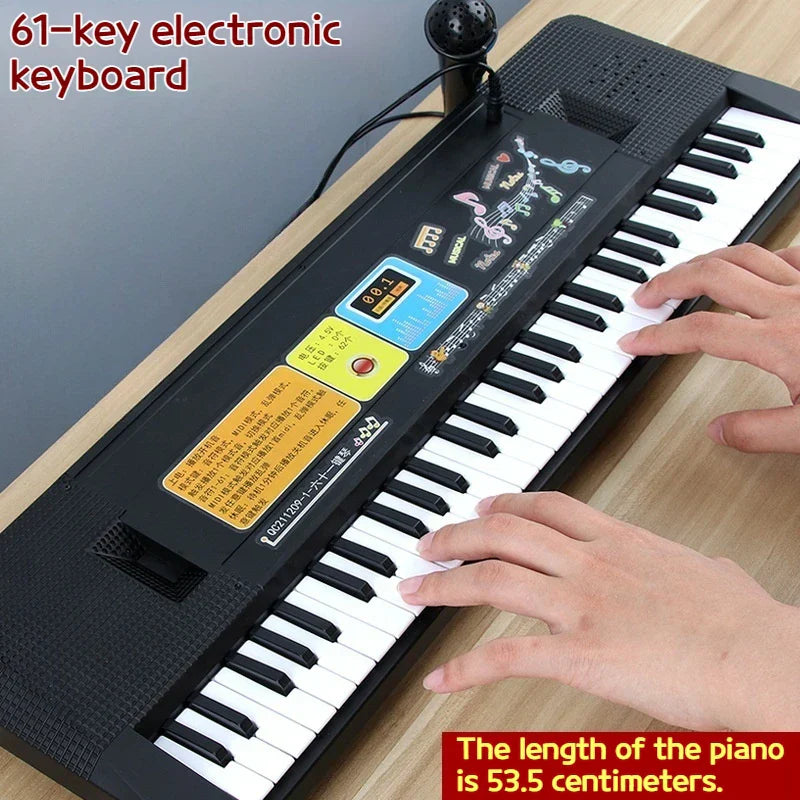 Black 61-key digital piano keyboard with colorful stickers built-in microphone and controls learning instrument educational gift