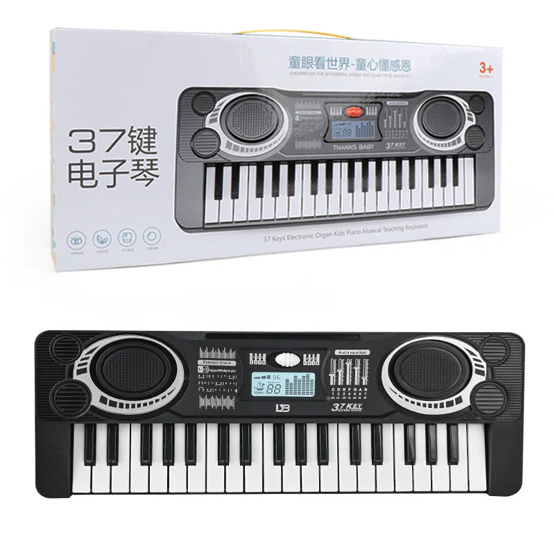 Black and white 37-key electronic piano keyboard portable educational toy musical instrument organ with speakers and display