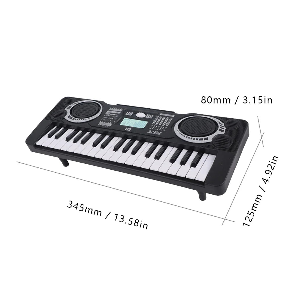 Black plastic 37-key electronic piano keyboard with white and black keys and silver speaker grilles portable educational musical instrument organ