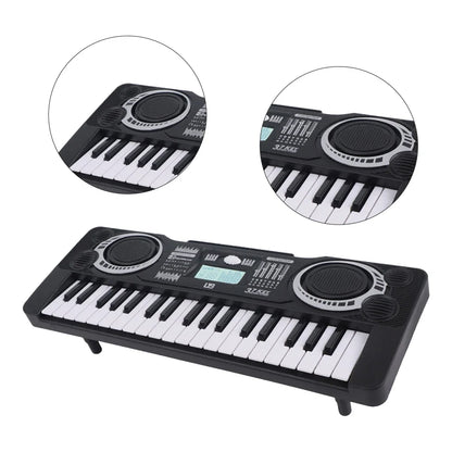 Black plastic 37-key electronic piano keyboard with white and black keys and silver speaker grilles portable educational toy musical instrument organ