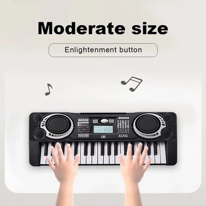 Black and silver 37-key electronic piano keyboard portable educational toy with speakers and digital display for kids