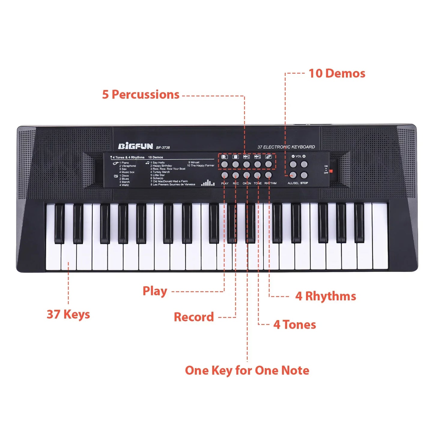 Black bigfun bf-3728 37 key electronic keyboard piano with percussions single speaker and control panel for beginners