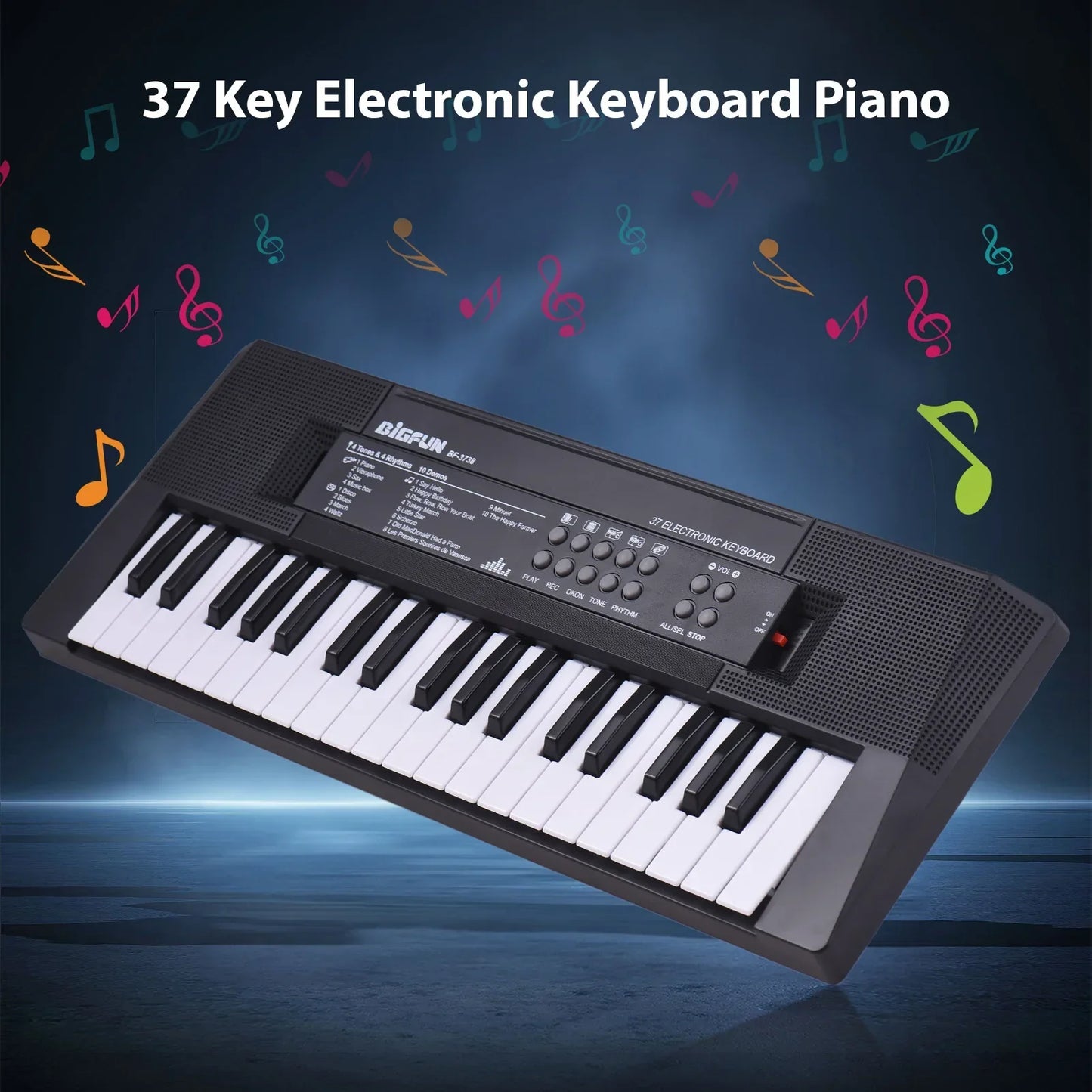 Black digifun 37-key electronic keyboard piano with white and black keys featuring percussions single speaker for beginners