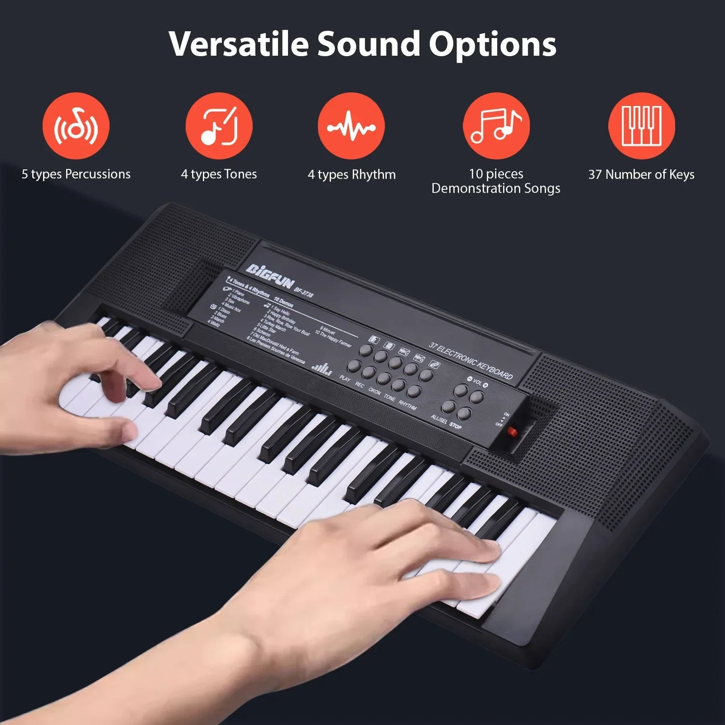 Black and white 37 key electronic keyboard piano by bigfun with 4 tones 4 rhythms percussions single speaker for beginners