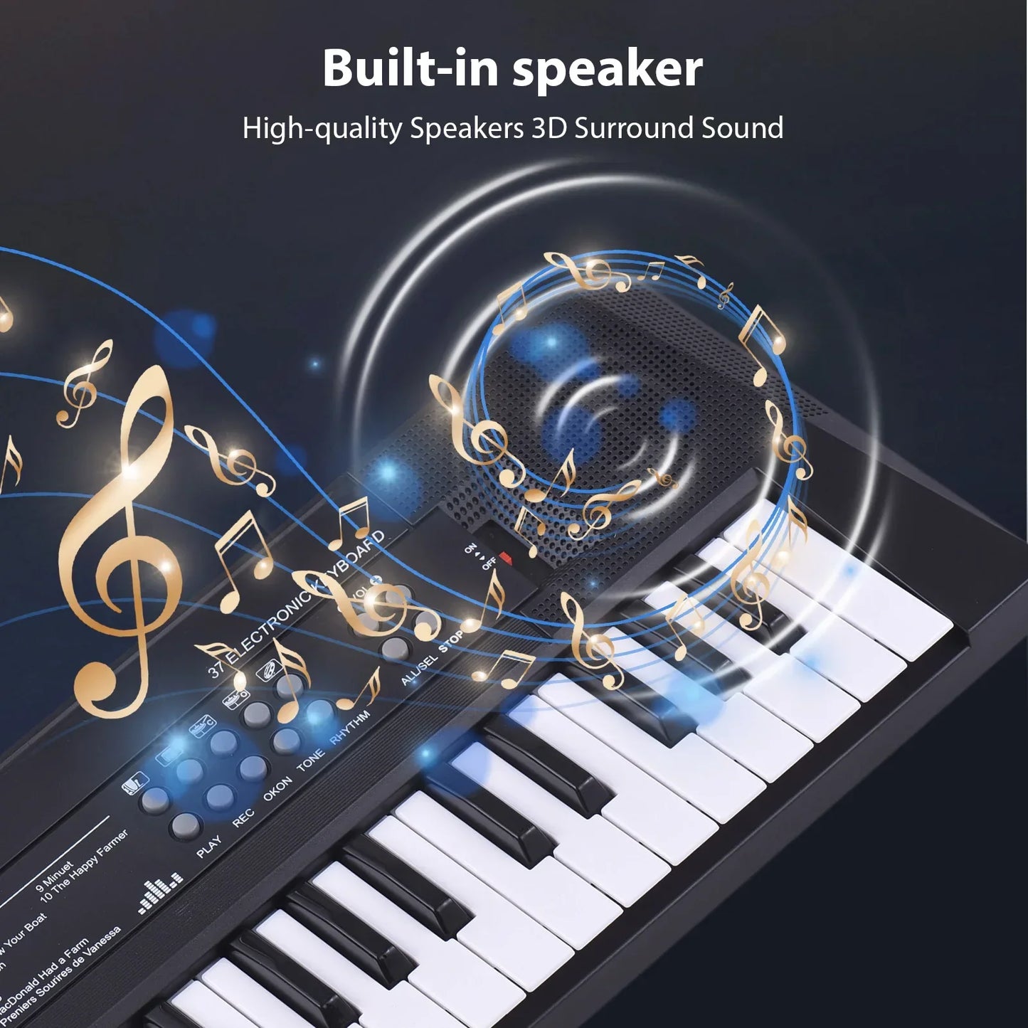 Black and white electronic keyboard piano with 37 keys percussions single speaker for beginners musical instrument