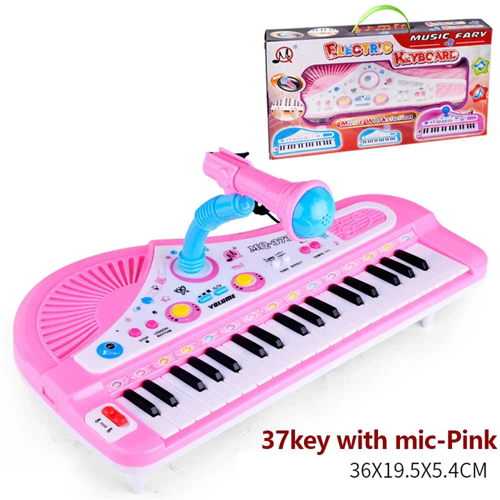 Pink 37 key electronic keyboard with blue microphone musical instrument and colorful buttons for educational toys