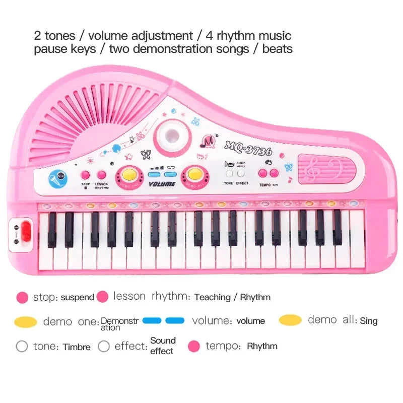 Pink plastic 37 key electronic keyboard piano with microphone musical instrument and colorful control buttons for kids educational toys