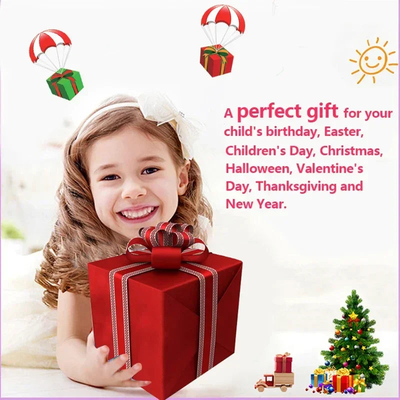 A vibrant red gift box with silver ribbon containing a 37 key electronic keyboard and microphone musical instrument toy