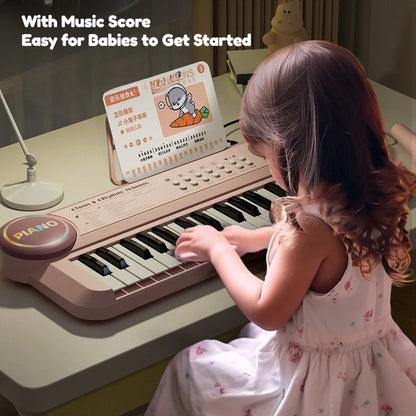 Beige kids piano keyboard with black and white keys microphone music score and cartoon music stand for early learning interactive play