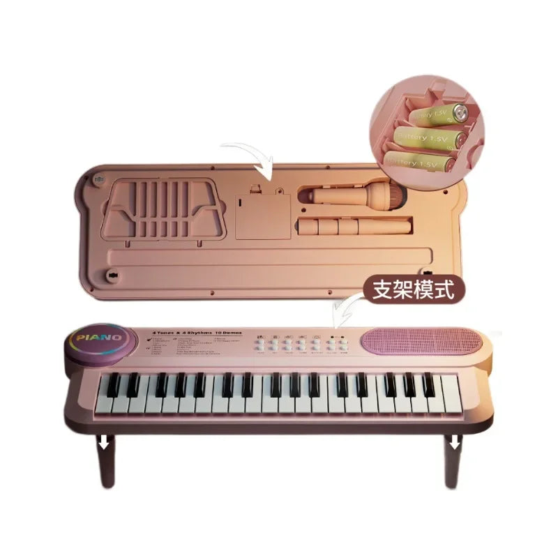 Pink kids piano keyboard with 37 keys, built-in microphone music score, and battery compartment for early learning interactive play