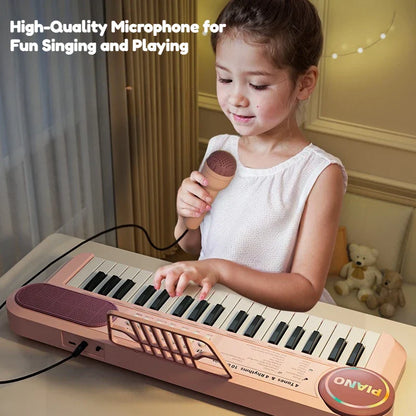 Pink kids piano keyboard with 37 keys black and white built-in speaker microphone music score for early learning interactive play