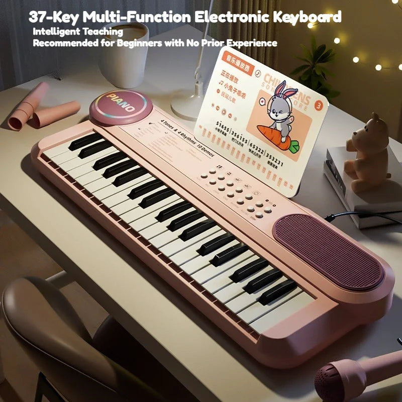 Pink 37-key kids piano keyboard with microphone music score and speaker for early learning interactive play gift