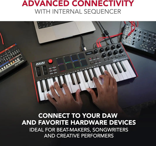 Black and red akai mpk mini plus 37-key usb midi keyboard with illuminated mpc pads sequencer for music production