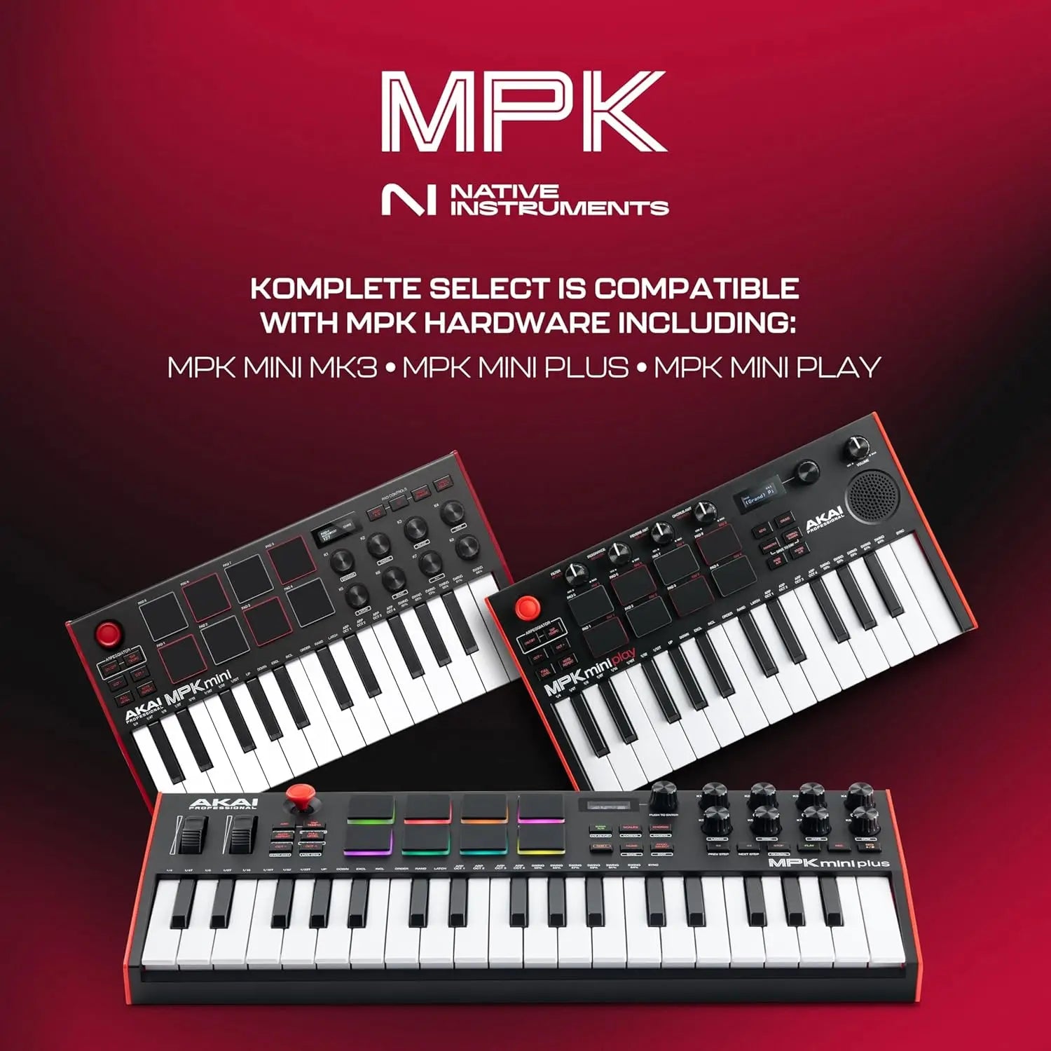 Black and red akai mpk mini 37-key usb midi keyboard with white keys and mpc pads sequencer for music production