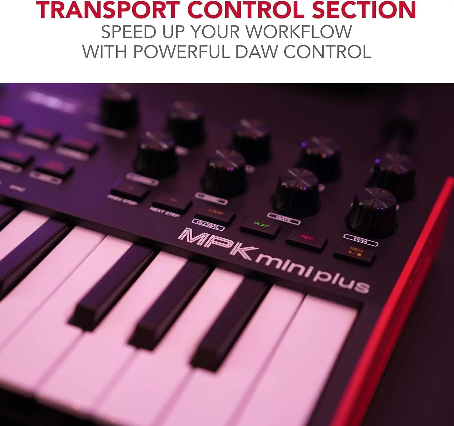 Black and red 37-key usb midi keyboard with white and black keys featuring 8 mpc pads sequencer for music production