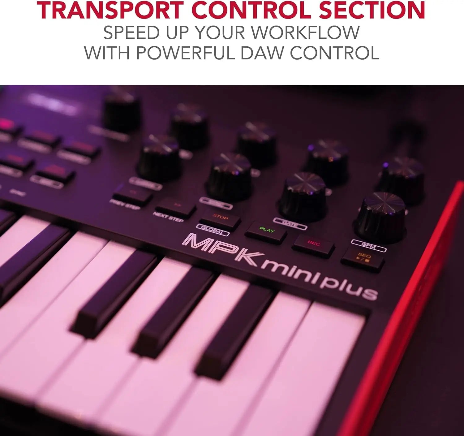 Black and red 37-key usb midi keyboard with white and black keys featuring 8 mpc pads sequencer for music production