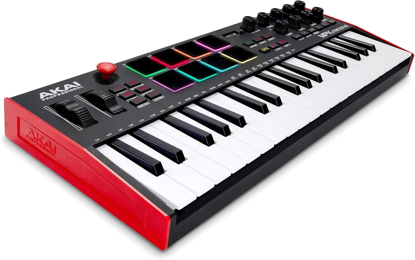 Red and black akai professional mpk mini mkii 37-key usb midi keyboard with colorful backlit mpc pads sequencer for music production