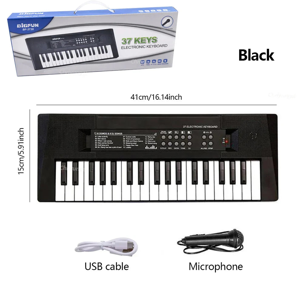 Black 37-key electronic piano keyboard with microphone rechargeable education toy and included usb cable musical instrument gifts
