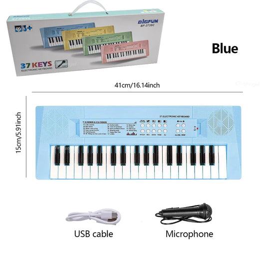 Light blue 37-key electronic piano keyboard with control buttons and speaker grille microphone rechargeable education toy gift