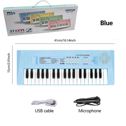 Light blue 37-key electronic piano keyboard with microphone rechargeable education feature and musical instrument gifts design