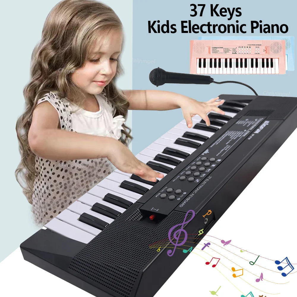 Black 37-key electronic piano keyboard with built-in speaker microphone rechargeable education toy gift for kids