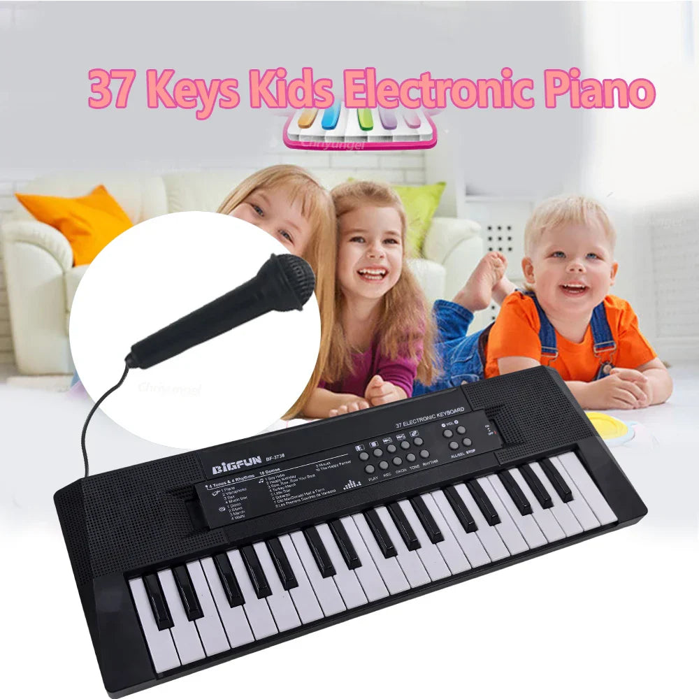 Black plastic 37-key electronic piano keyboards with built-in microphone rechargeable education musical instrument gifts