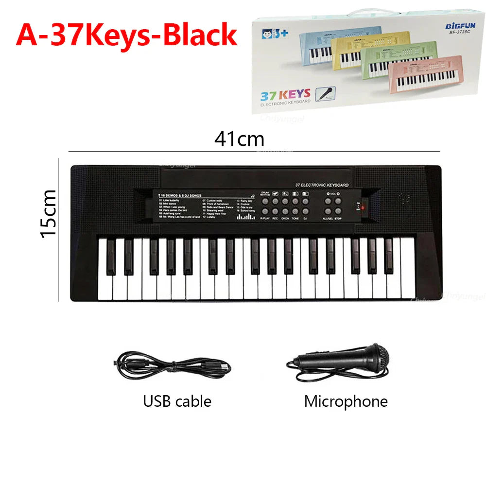 Black 37 keys kids electronic keyboard with control panel and display screen ideal for microphone education toys and instrument children boy gifts