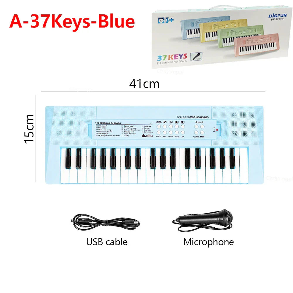 Light blue 37 keys kids electronic keyboard with black and white keys and microphone education toys for children boy gifts