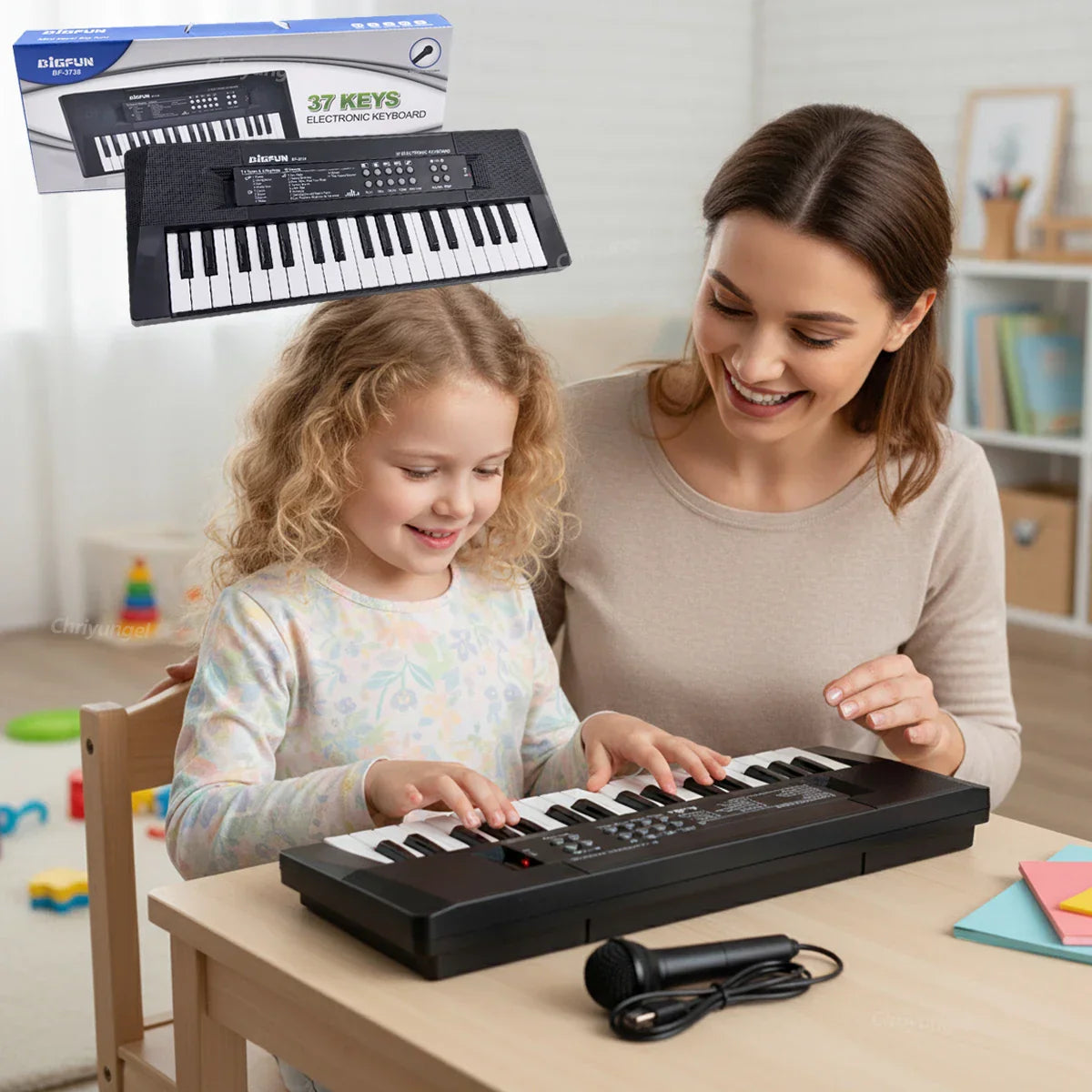 Black 37-key electronic keyboard with white and black keys and microphone education toys for children boy girl gifts