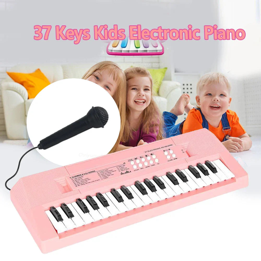 Pink 37-key kids electronic piano with black and white keys and microphone education toys for children boy gifts