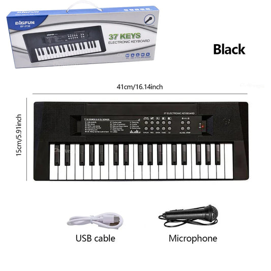 Black 37-key electronic piano with microphone educational toys and usb cable for boys girls birthday gift