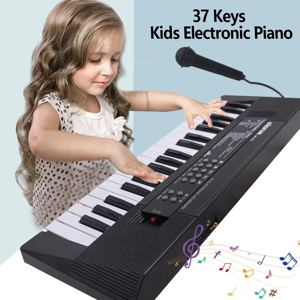 Black 37-key kids electronic piano with white and black keys built-in microphone and colorful musical note graphics for boys girls birthday