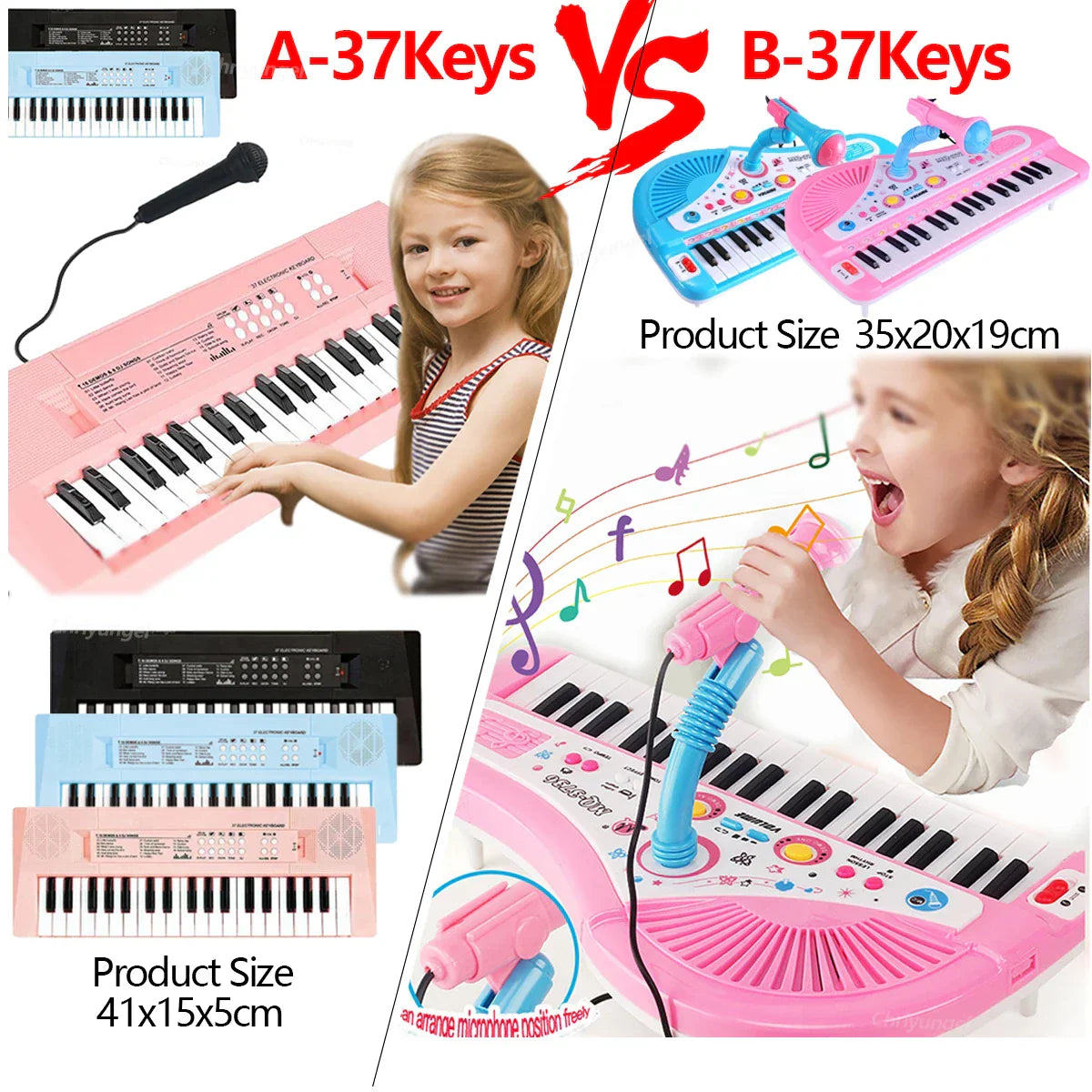 Pink plastic 37 keys electronic piano with built-in microphone educational toys for boys girls birthday gift