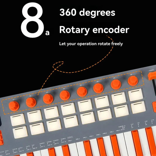 Orange rotary encoder knobs on gray midi controller with white keys and orange accents for synthesizer portable keyboard