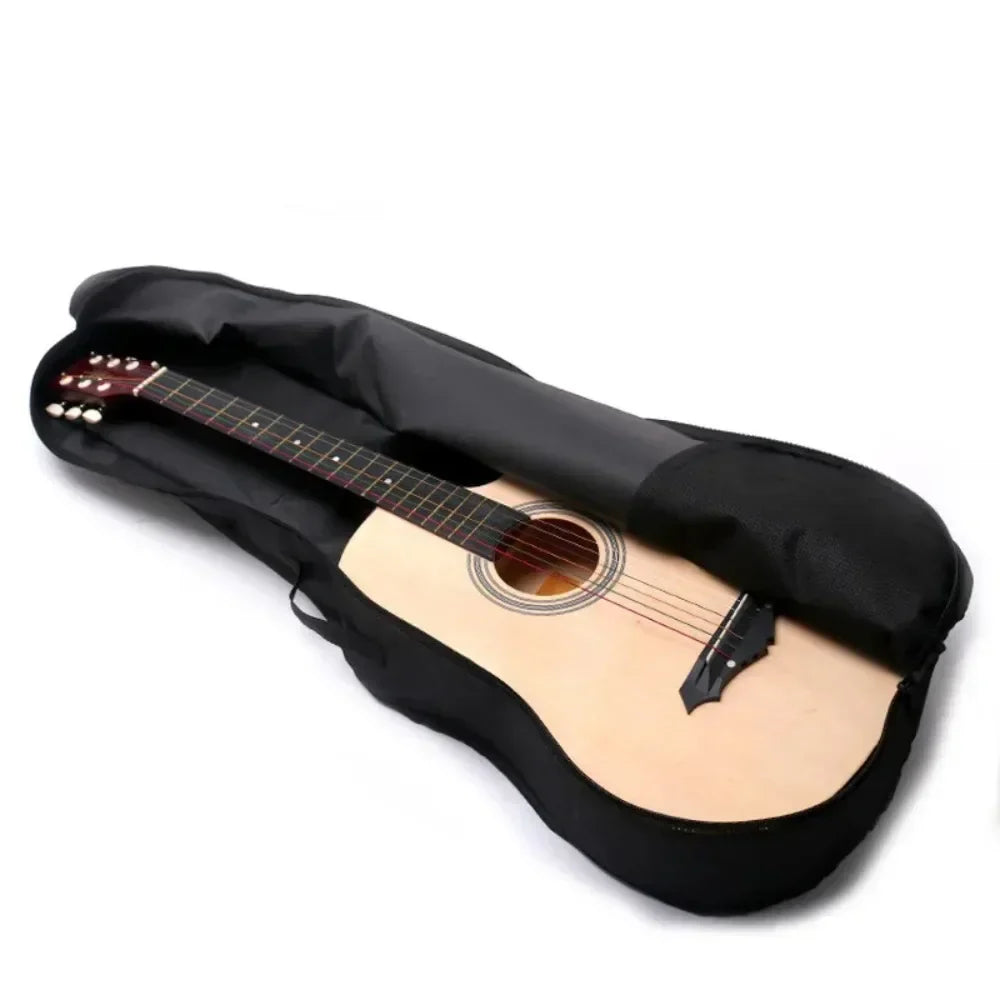 A light-colored acoustic guitar inside a black padded inch oxford fabric acoustic guitar waterproof carrying case
