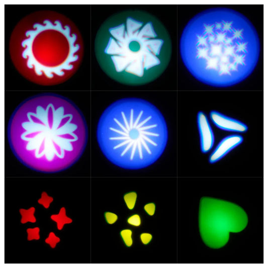 Colorful 380w 20r light projector displaying nine red green blue and purple patterns with beam light strobe and sound activated disco features