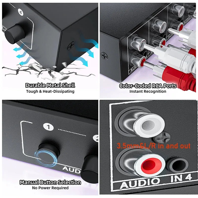 Stereo Audio Switch Selector 4-IN-1 Bi-direction Stereo RCA AUX Audio Switch A/B Splitter 3.5mm Aux L/R RCA 4X1 Audio Switch Box