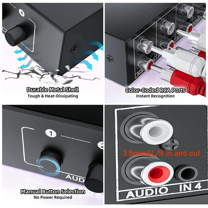 Stereo Audio Switch Selector 4-IN-1 Bi-direction Stereo RCA AUX Audio Switch A/B Splitter 3.5mm Aux L/R RCA 4X1 Audio Switch Box