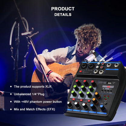 4 Channel Mixer Dj Mixing Console Met Bluetooth 48V Phantom Power Monitor Karaoke Systeem Usb Mixer Audio